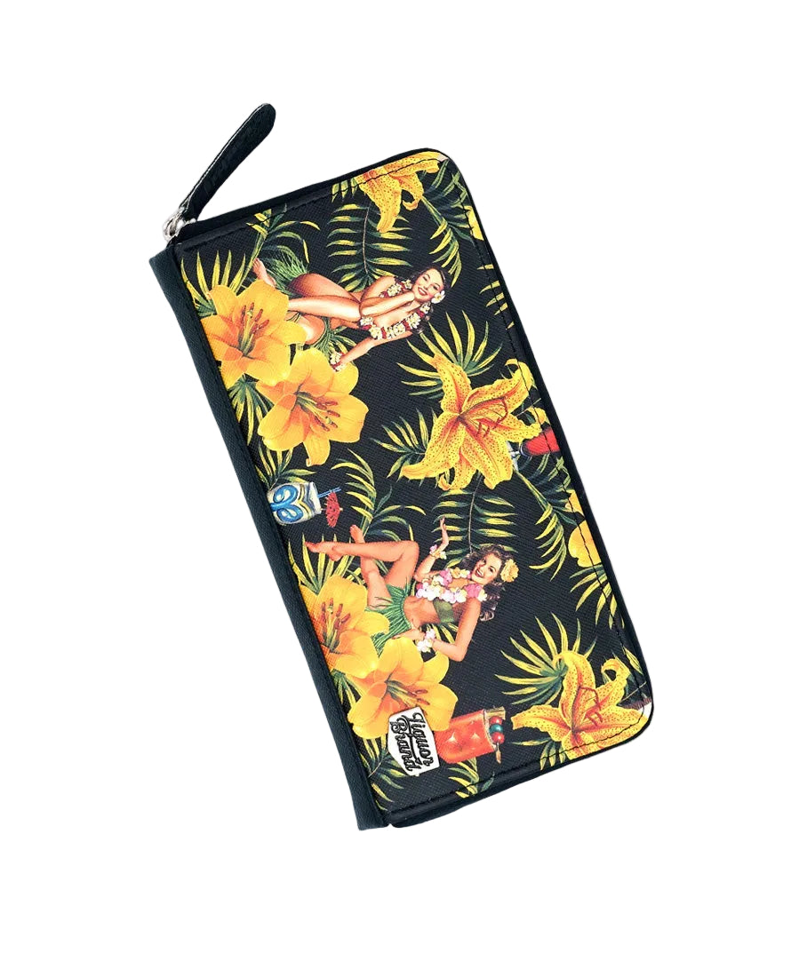 Liquorbrand Tiki Time wallet retro tiki zip purse with hula girl and tropical flower print