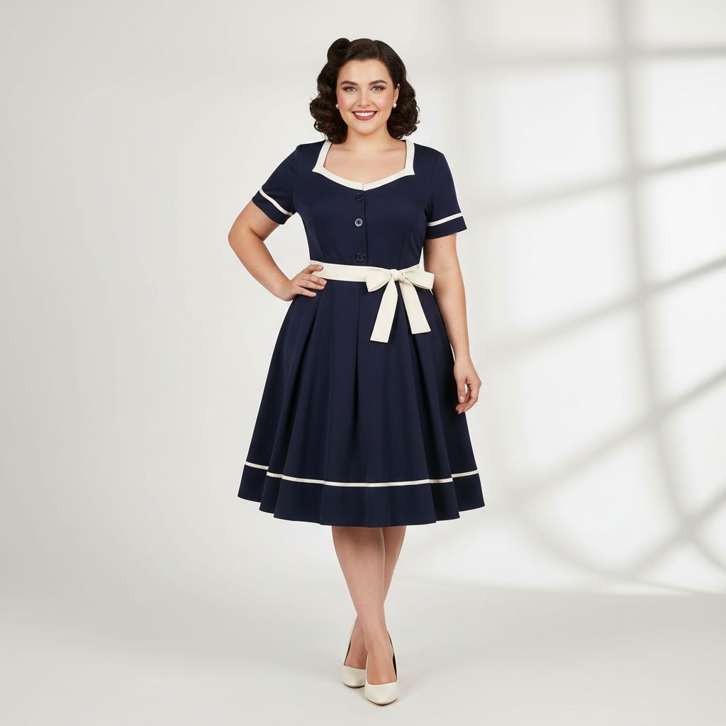 Woman wearing a navy dress with white accents on a white background