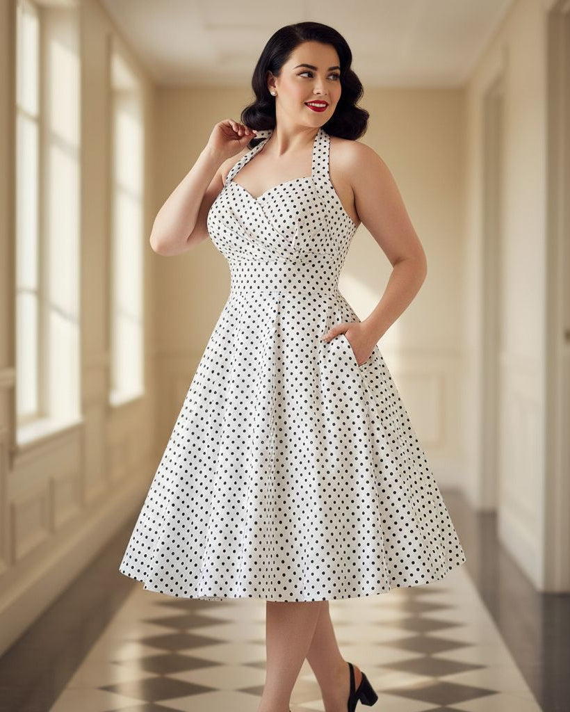 1950s white polka dot halter swing dress with pockets, knee length