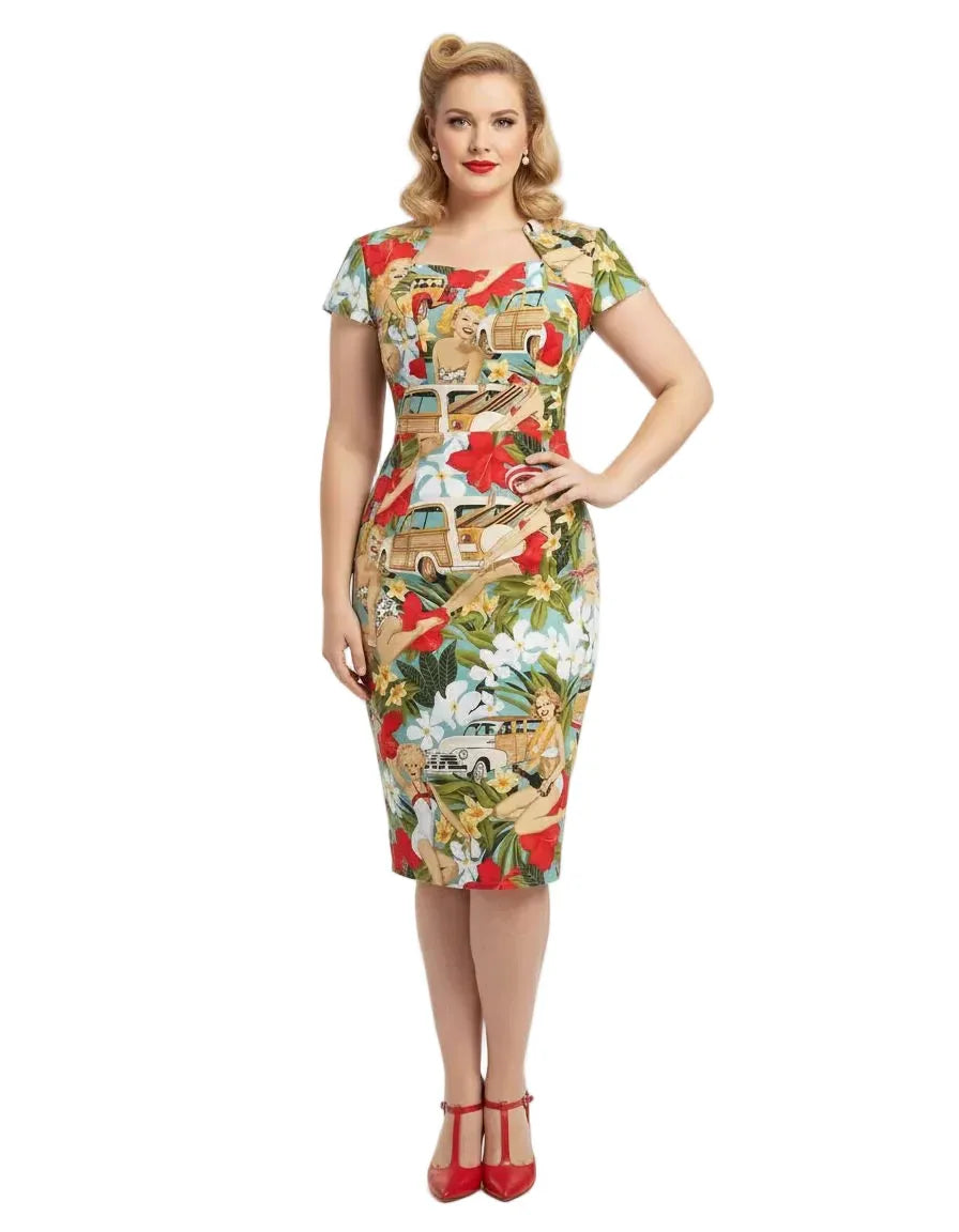 Vintage tropical pin-up pencil dress side view on model, fitted knee-length silhouette