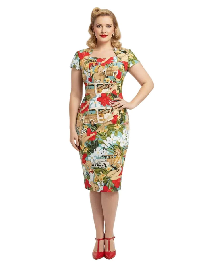 Vintage tropical pin-up pencil dress side view on model, fitted knee-length silhouette