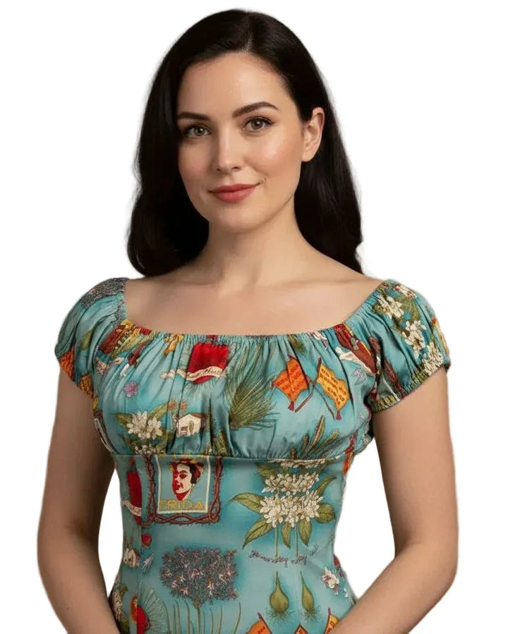 frida kahlo teal peasant top for women