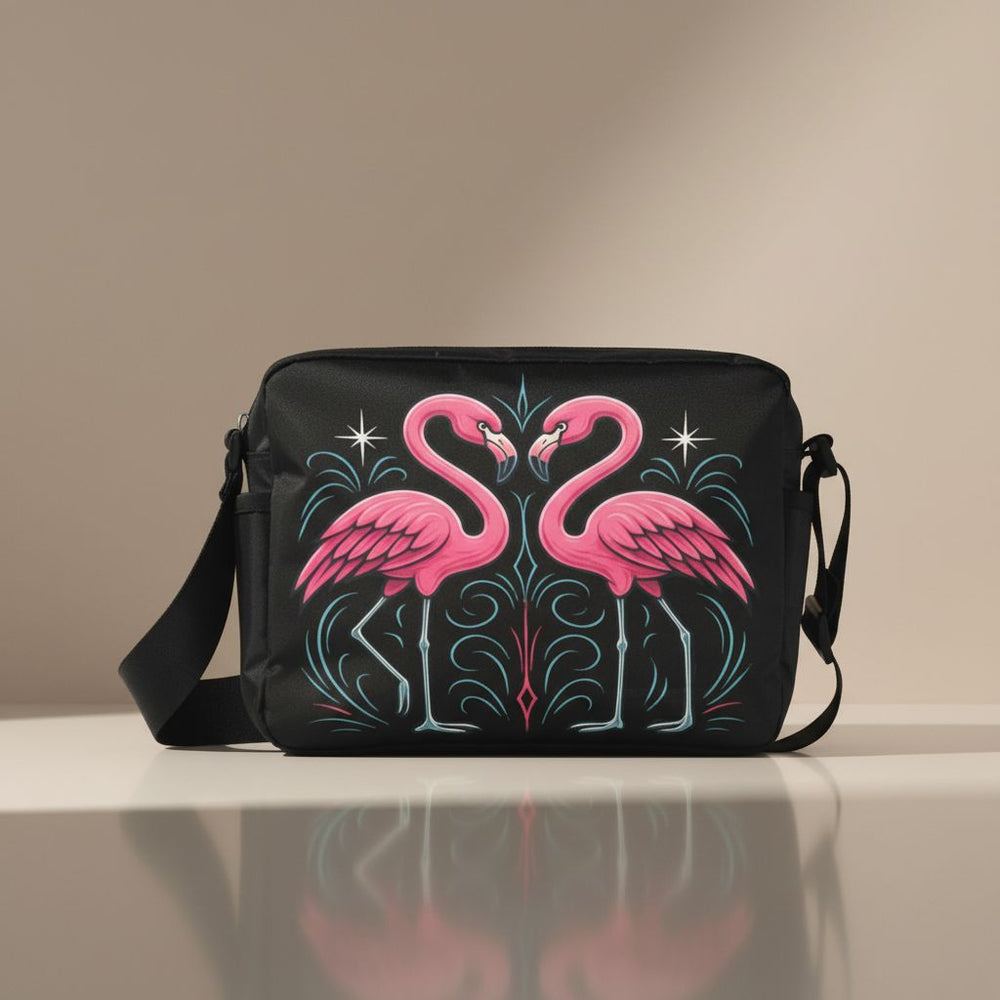 Black bag with pink flamingo design on a reflective surface with a beige background