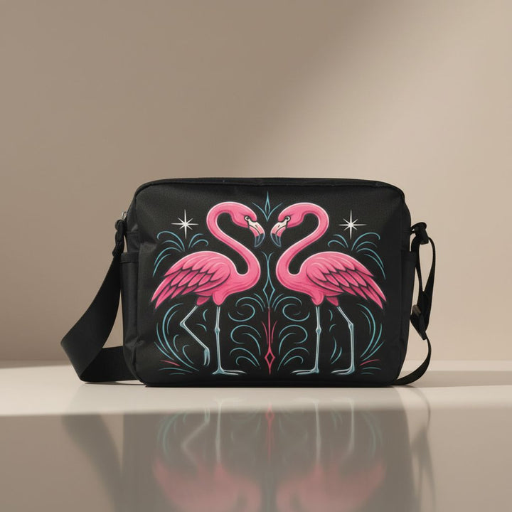 Black bag with pink flamingo design on a reflective surface with a beige background