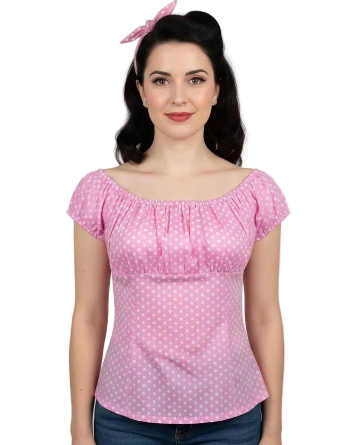 Pink Polka Dot Peasant Style Top