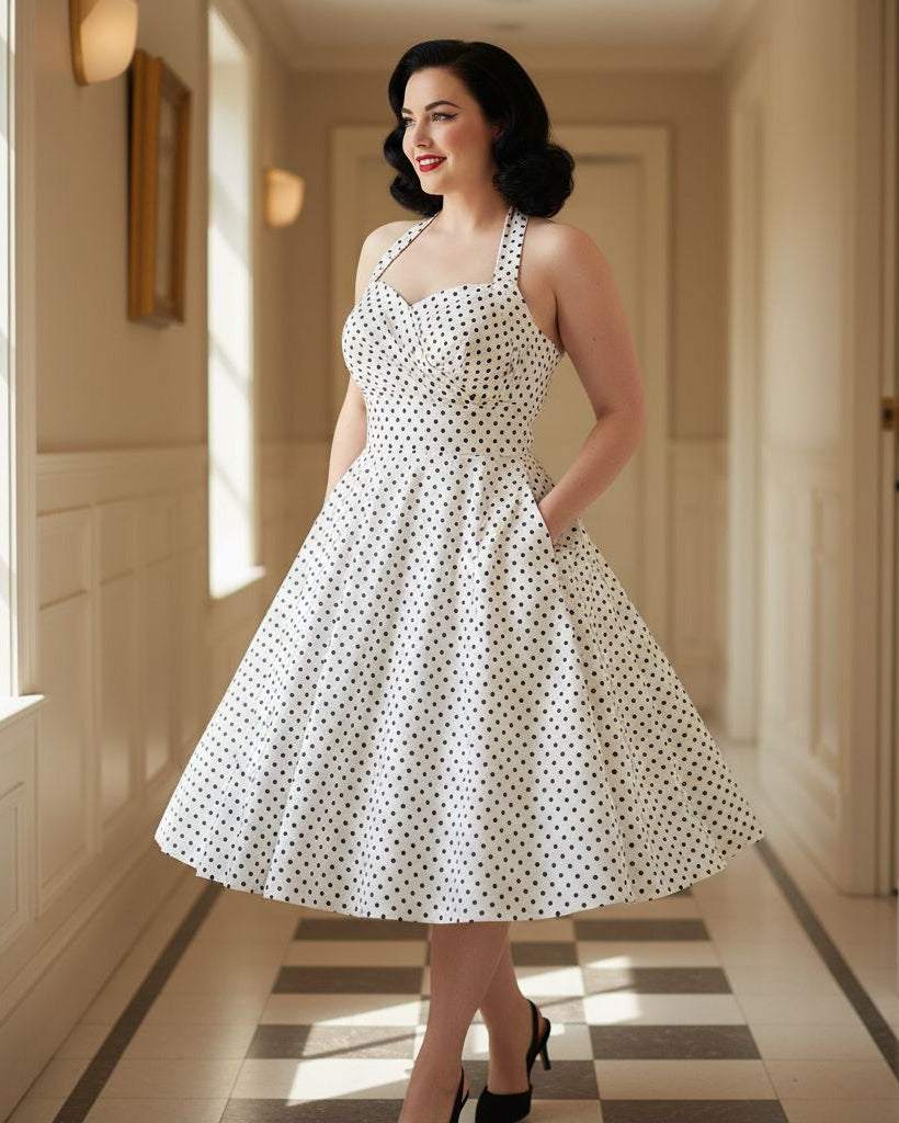 1950s Polka Dot Halter Swing Dress – Pin-Up Rockabilly Style