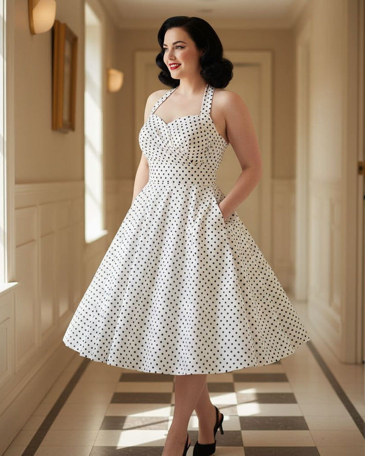 1950s Polka Dot Halter Swing Dress – Pin-Up Rockabilly Style