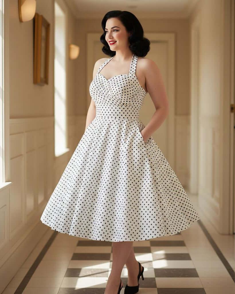 1950s Polka Dot Halter Swing Dress with Pockets 1950s Polka Dot Halter Swing Dress with Pockets