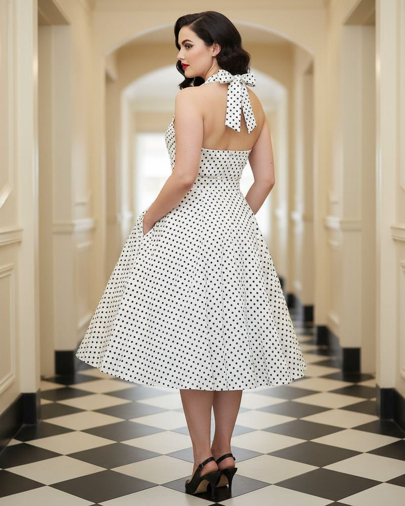 1950s Polka Dot Halter Swing Dress – Pin-Up Rockabilly Style