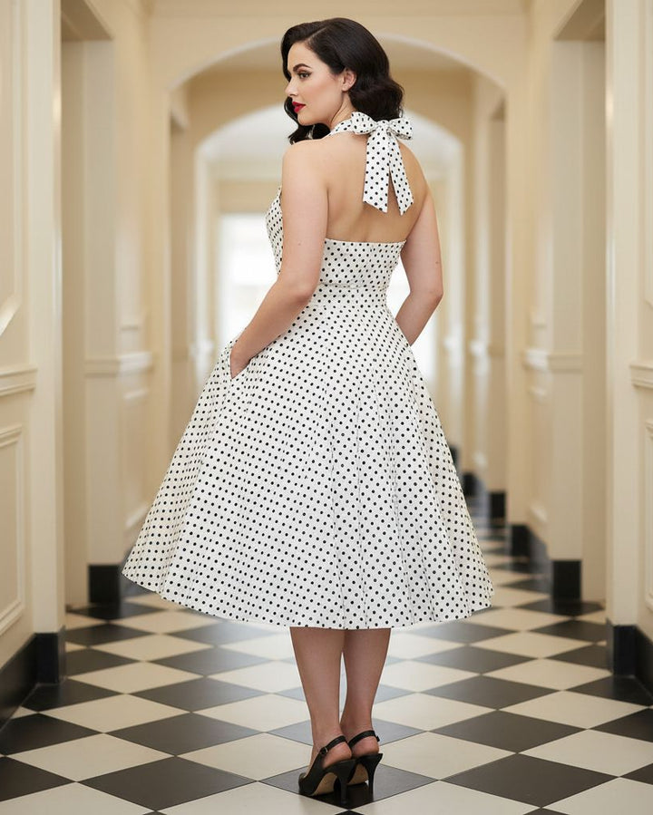1950s Polka Dot Halter Swing Dress – Pin-Up Rockabilly Style