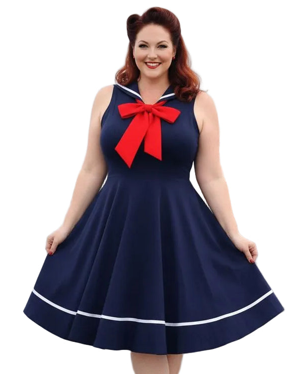 Navy blue vintage-style women’s sailor dress with red bow and full swing skirt

