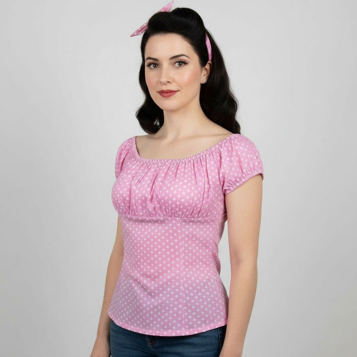 Pink Polka Dot Peasant Style Top