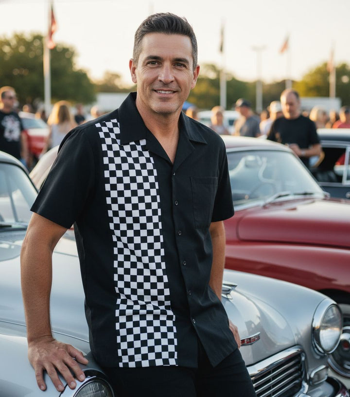 Mens Vintage Style Bowling Dress Shirt - Race Flag