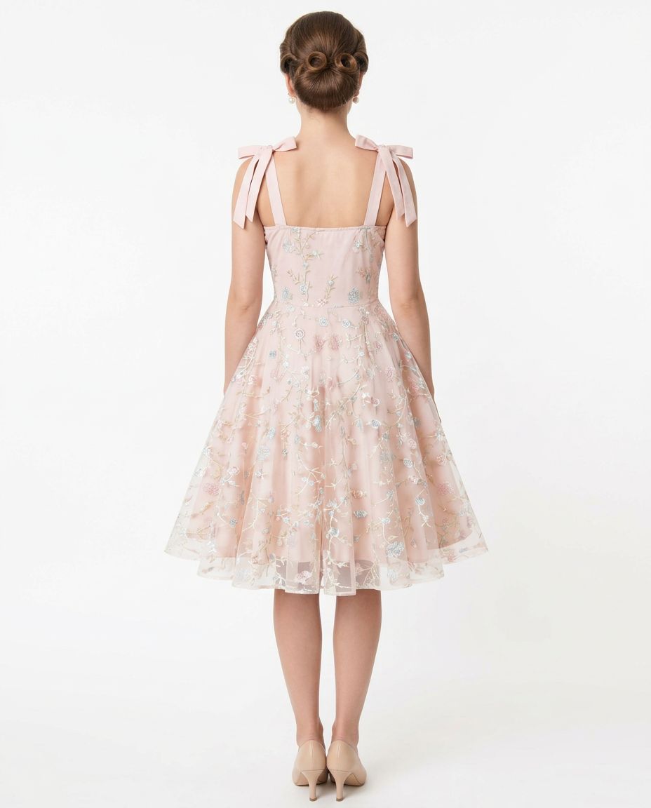 Peach Lace Embroidered Short Cocktail Dress