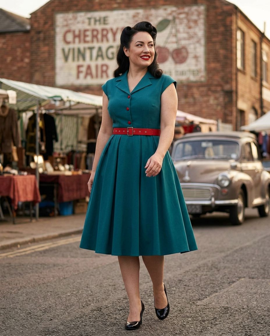 Vintage Teal Swing Dress With Pockets