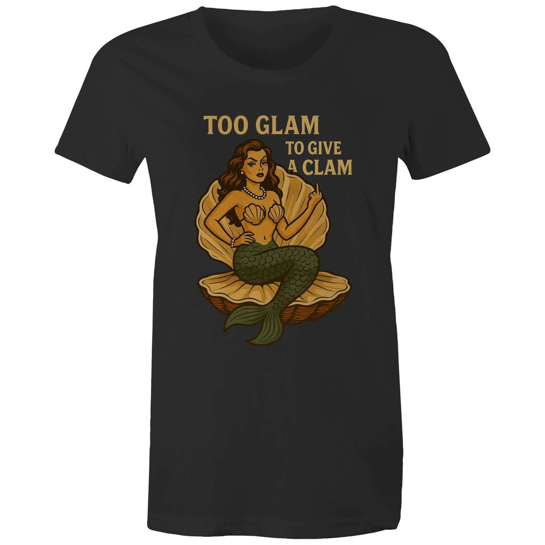 Too Glam to Give a Clam black women's tee featuring a glamorous mermaid in a clam shell design.
