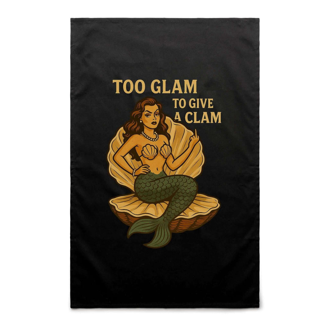 Too Glam to Give a Clam Tea Towel featuring a fierce retro mermaid design on a black background.
