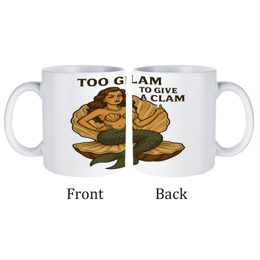 Too Glam To Give A Clam retro coffee mug, ceramic, 16.9 oz, featuring whimsical mermaid design, front and back views.