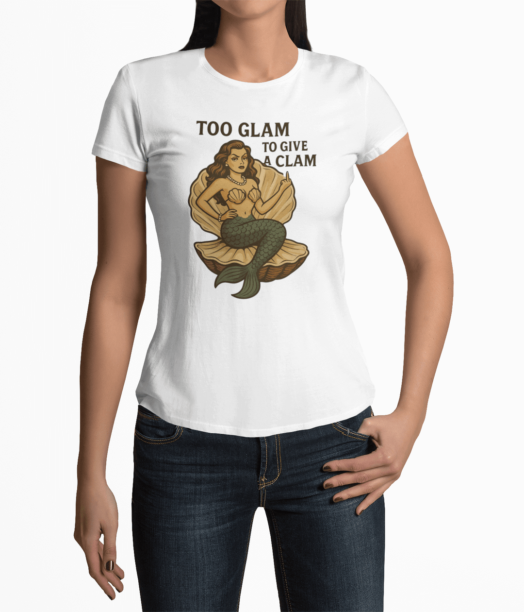 White women's tee with 'Too Glam to Give a Clam' and retro mermaid design, perfect for beach lovers.