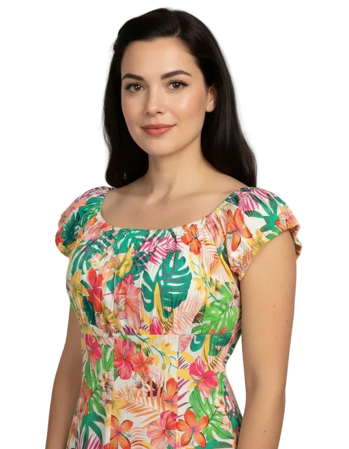 Tropical floral peasant style top with off shoulder neckline vintage rockabilly blouse