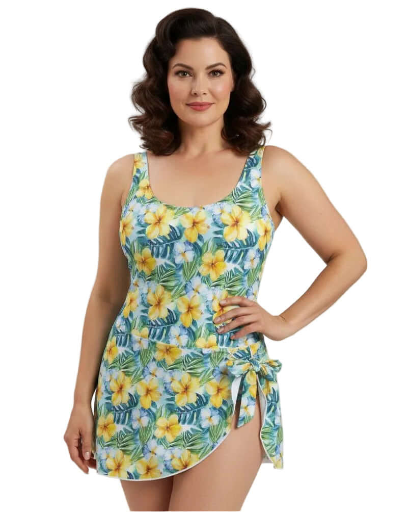 Tropical Hibiscus One Piece Skirted Swimsuit showcasing a vibrant floral print and feminine tie-side skirt.