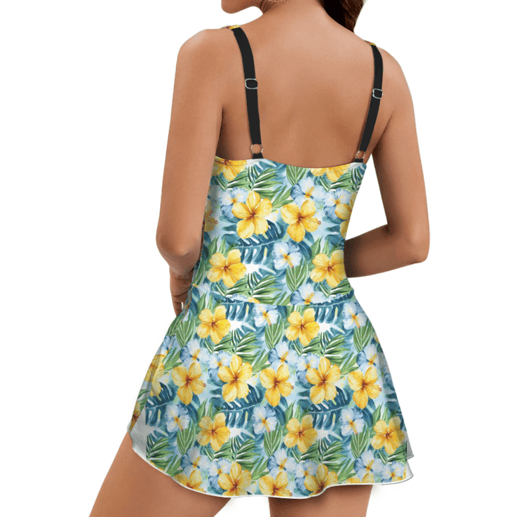 Tropical Hibiscus One Piece Skirted Swimsuit back view with floral print and adjustable straps.