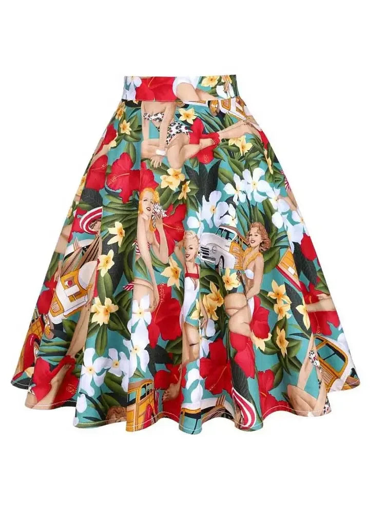 Tropical Pinups Flared Skirt [IN STOCK] featuring vibrant pinup girl print and flared design for a retro look.