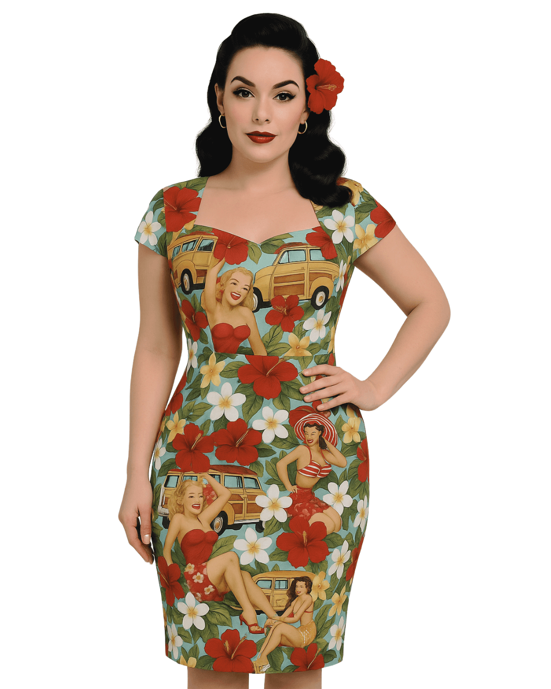 Tropical Pinups Pencil Dress featuring vintage pin-up girls and floral prints for a retro summer style.