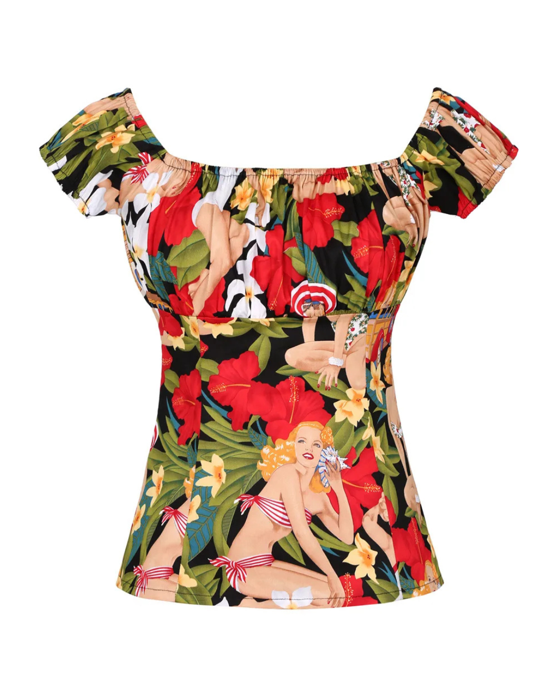 Top with vintage-style print of women in bikinis and flowers on a white background