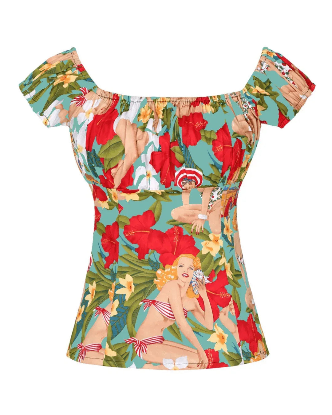 Top with vintage-style floral and pin-up girl print on a white background