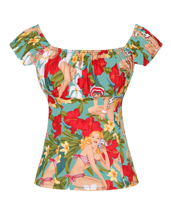 Top with vintage-style floral and pin-up girl print on a white background