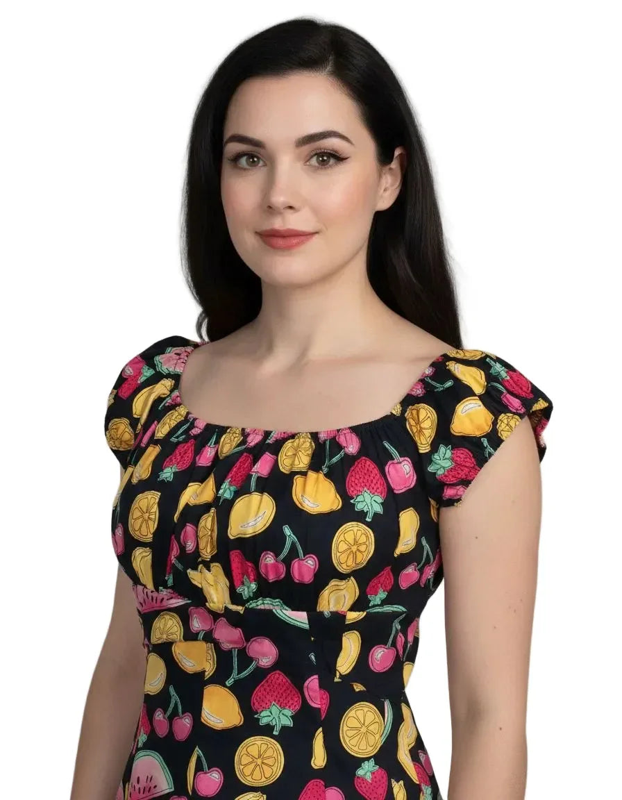 Tutti Frutti peasant style top with retro fruit print off shoulder vintage rockabilly blouse