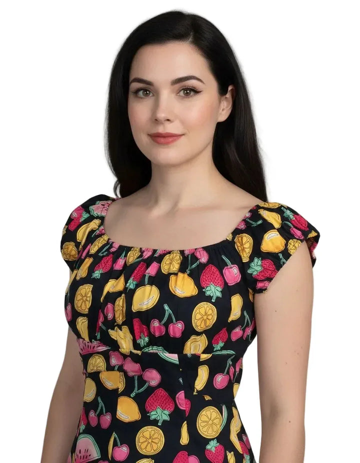 Tutti Frutti peasant style top with retro fruit print off shoulder vintage rockabilly blouse