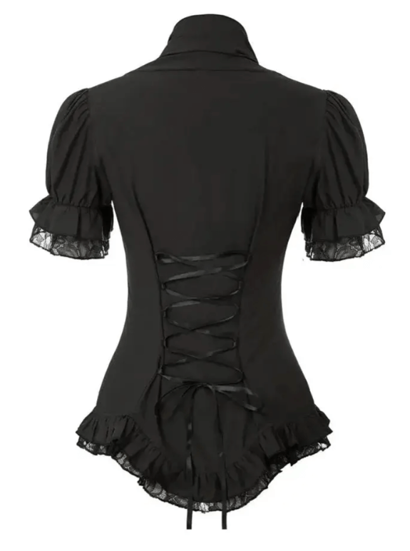 Victorian Ruffle Lace Puff Sleeve Blouse featuring lace-up back and ruffled hemline.