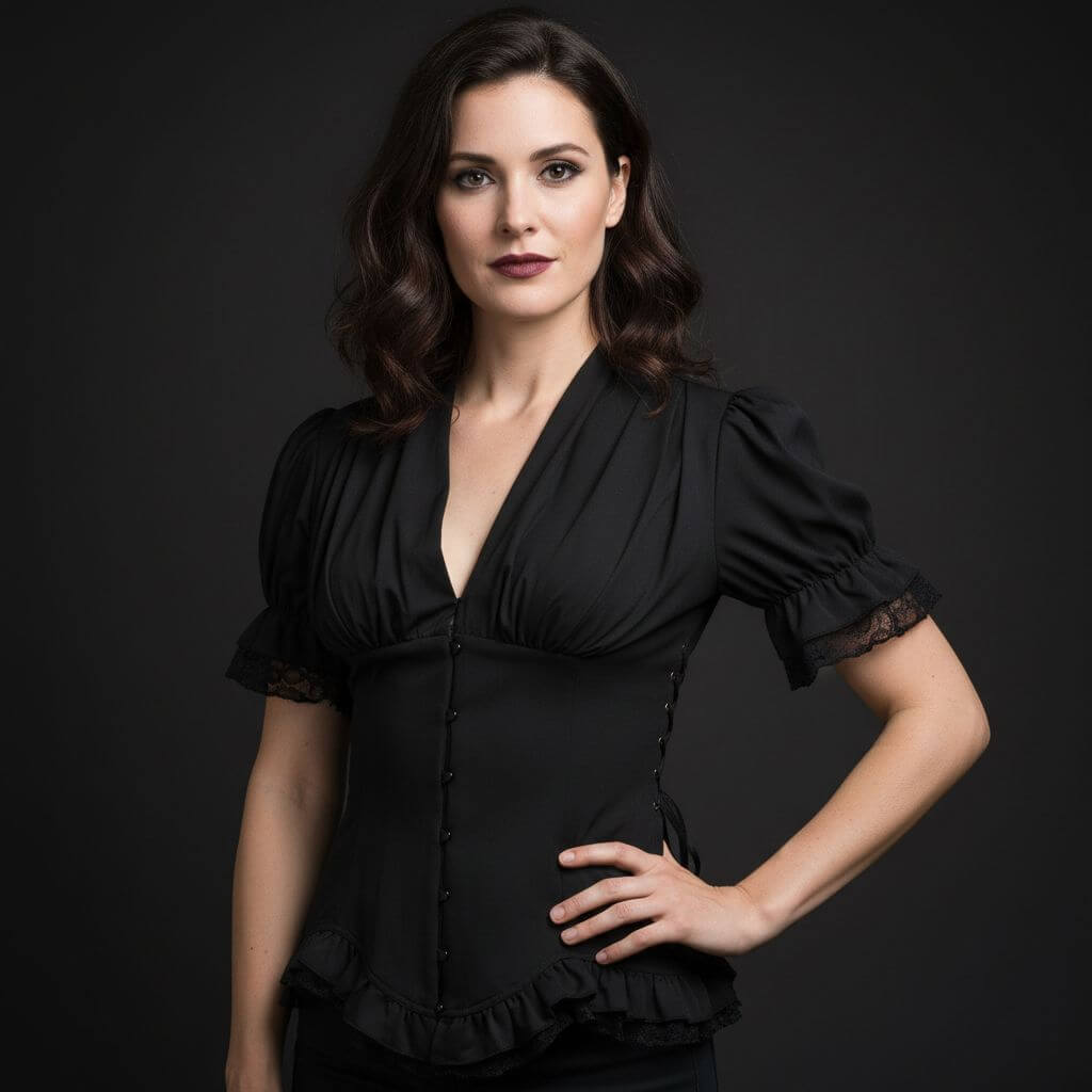 Victorian Ruffle Lace Puff Sleeve Blouse featuring short puff sleeves and ruffled details.