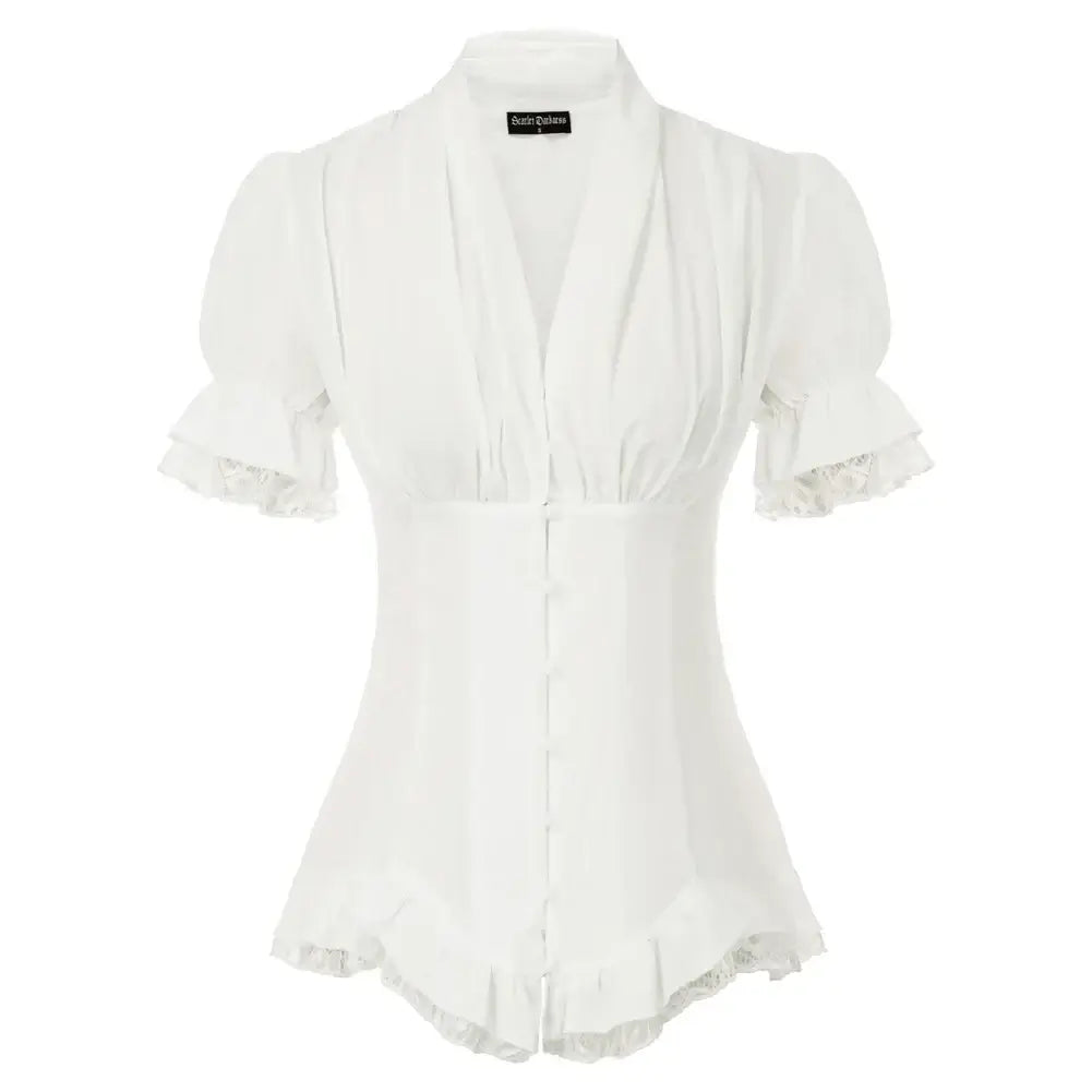 Victorian Ruffle Lace Puff Sleeve Blouse in white with puff sleeves, V-neckline, and ruffled hem.