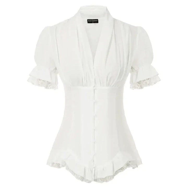 Victorian Ruffle Lace Puff Sleeve Blouse in white with puff sleeves, V-neckline, and ruffled hem.
