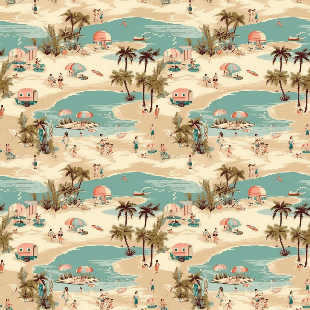 Vintage Vacation High Waist Bikini pattern featuring retro beach scenes with palm trees, surfboards, and sunbathers.