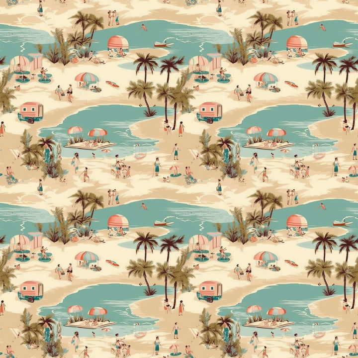 Vintage Vacation High Waist Bikini pattern featuring retro beach scenes with palm trees, surfboards, and sunbathers.