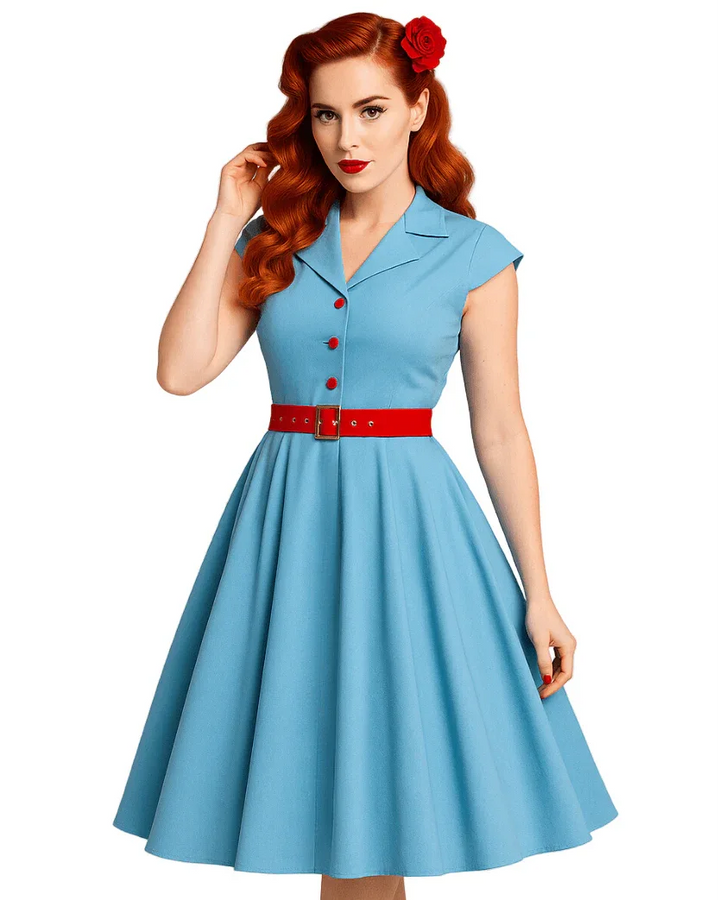 Light blue vintage-style women’s fit and flare dress with short sleeves, button front and red belt
