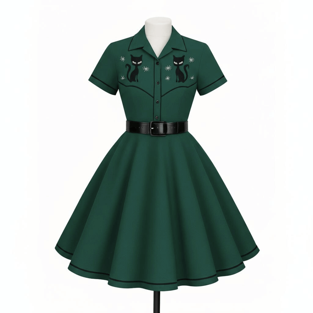 Atomic Kitty Full Circle Skirt featuring a green, vintage-inspired design with cat embroidery and a wide flared shape.