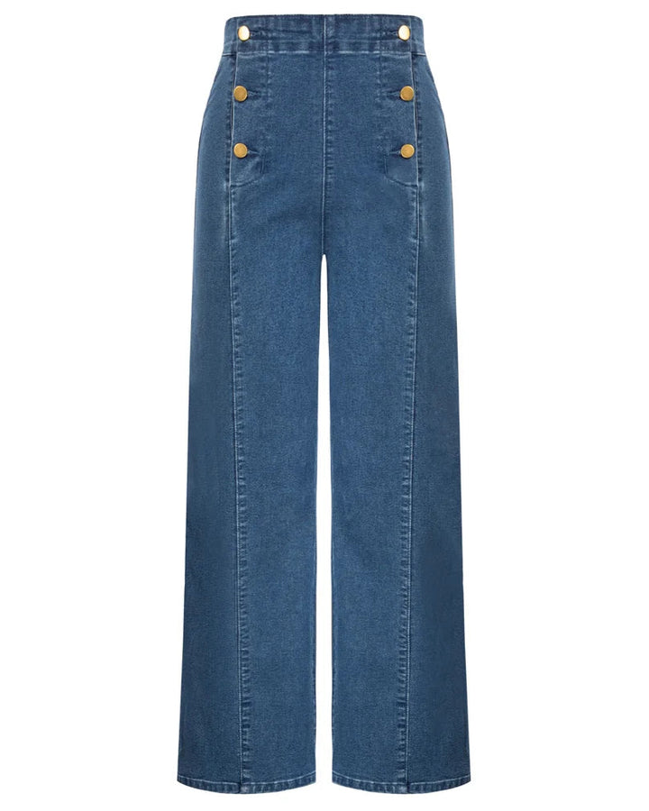 Vintage wide-leg jeans featuring high waist, button-up front, and medium-stretch denim for a classic look.