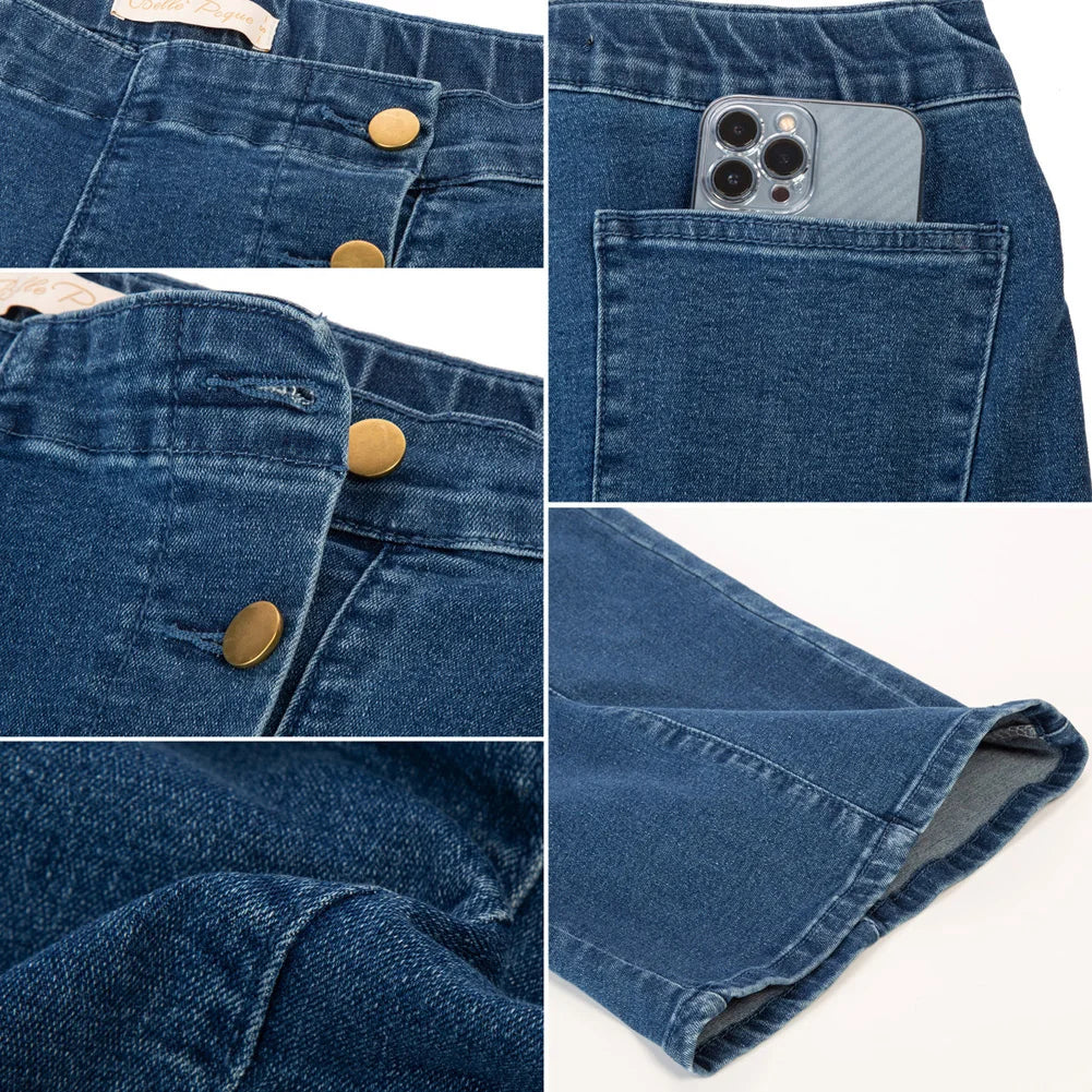 Close-up of vintage wide-leg jeans showcasing button details, back pocket, and hem finish.