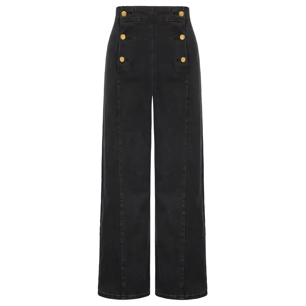 Vintage Wide-Leg Jeans [IN STOCK] featuring high waist and classic button-up front design in breathable black denim.