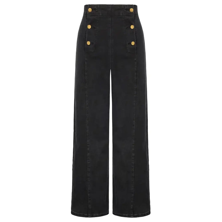 Vintage Wide-Leg Jeans [IN STOCK] featuring high waist and classic button-up front design in breathable black denim.