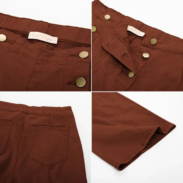 Vintage Wide-Leg Jeans [IN STOCK]: Close-up of button details and fabric texture in rich brown color.