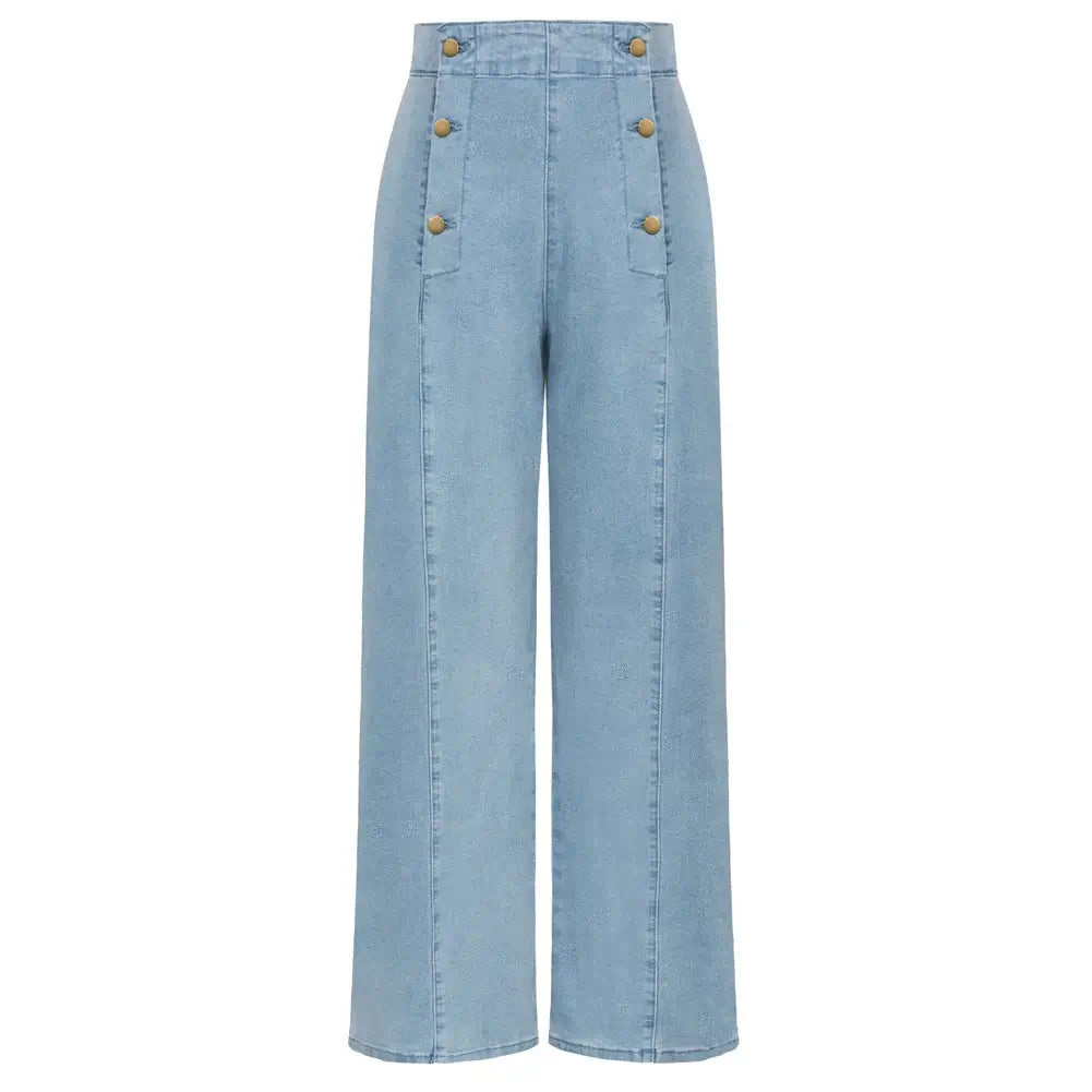 Vintage Wide-Leg Jeans [IN STOCK] featuring a flattering high waist and button-up front in light blue denim.
