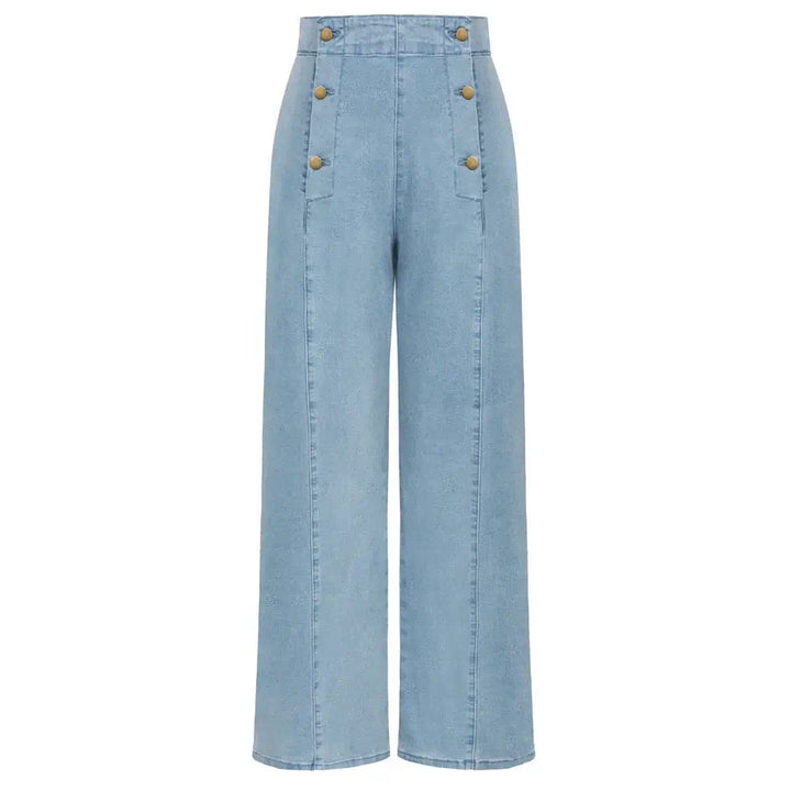 Vintage Wide-Leg Jeans [IN STOCK] featuring a flattering high waist and button-up front in light blue denim.