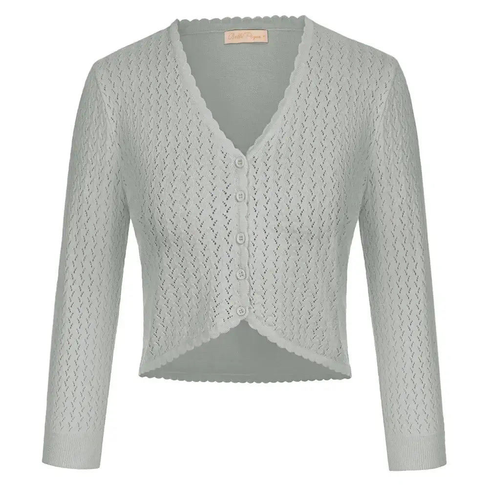 Vintage-inspired knit bolero in light grey, featuring a V-neckline and 3/4 sleeves for stylish layering.