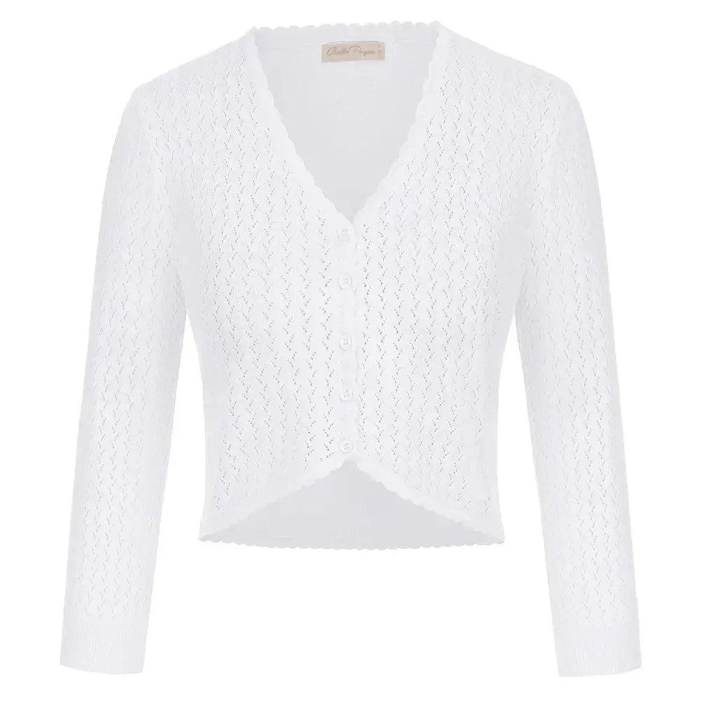 Vintage-inspired white knit bolero, 3/4 sleeve slim fit shrug with V-neckline and button details.